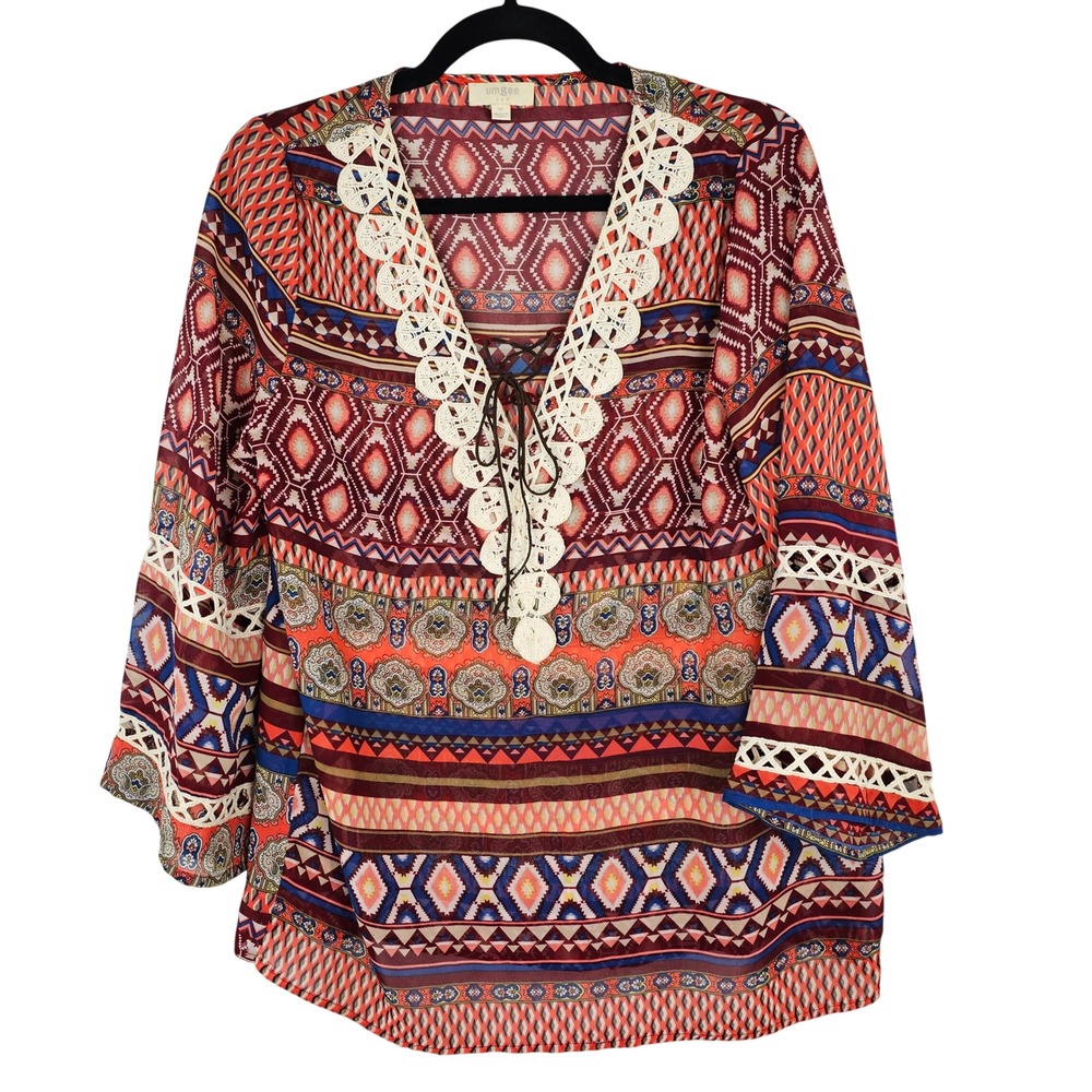 Umgee Womens Boho Geometric Paisley Print Crochet Lace Up V-Neck‎ Tunic Top M